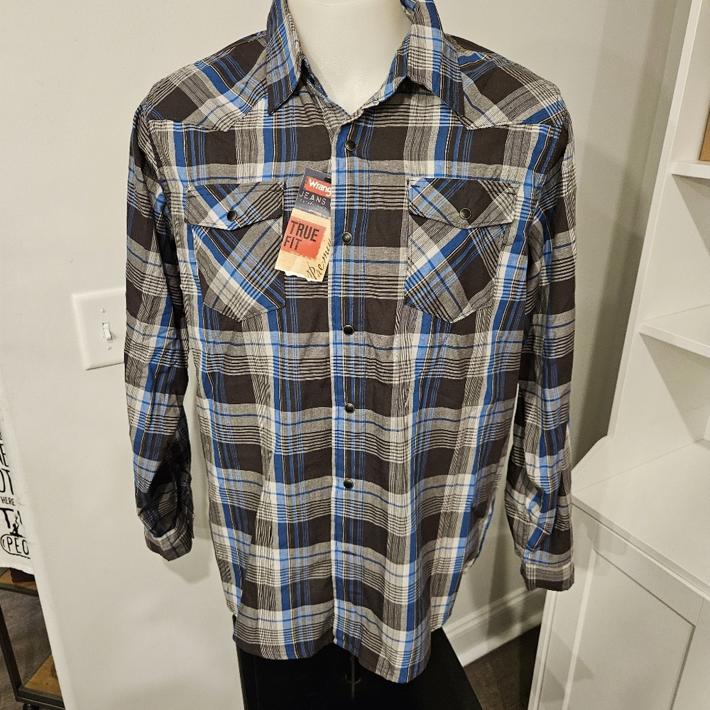 Wrangler Jeans Pearl Snap Mens L Multicolor Plaid LS Button Down  Shirt New Vtg